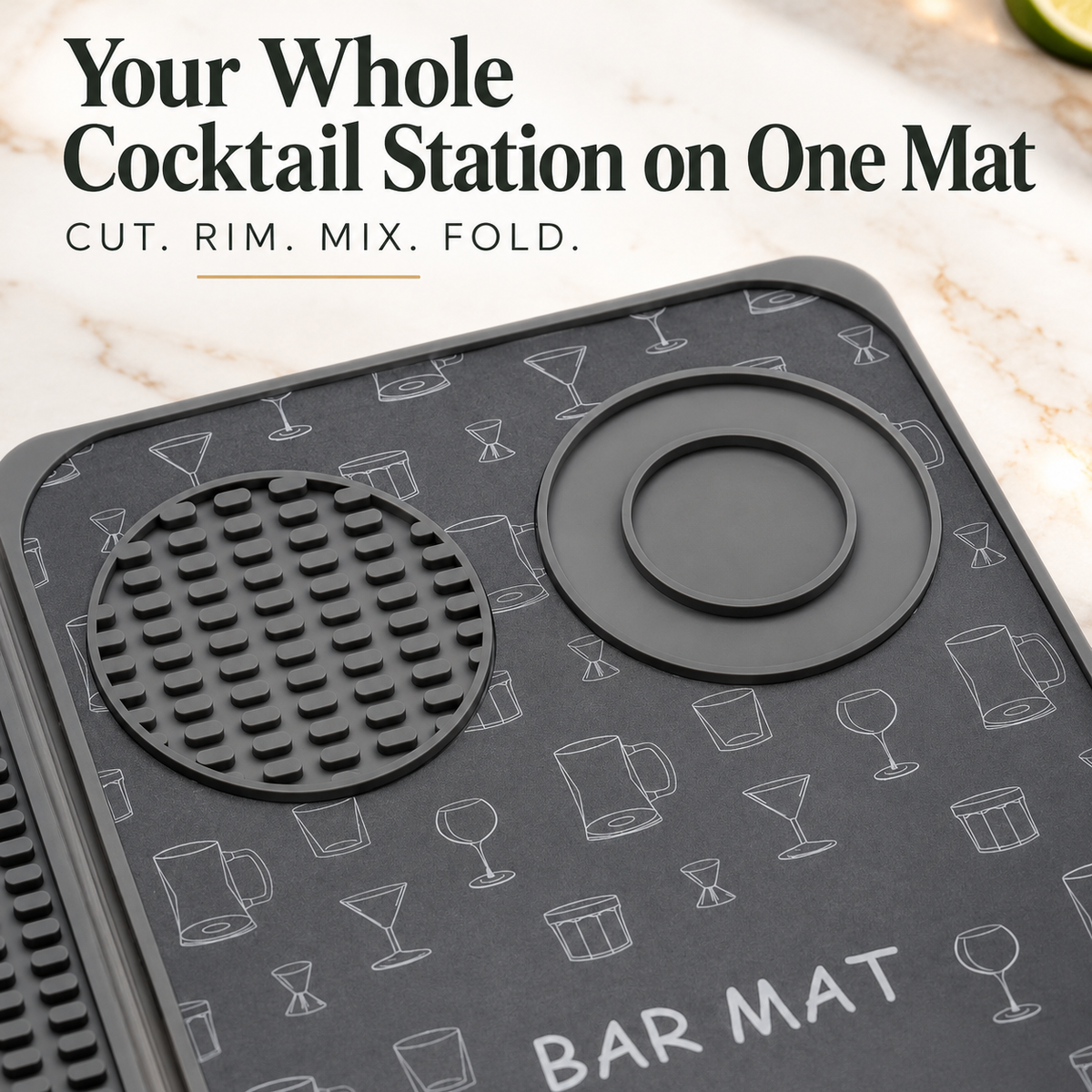 Your whole cocktail station on one mat: cut, rim, mix, fold