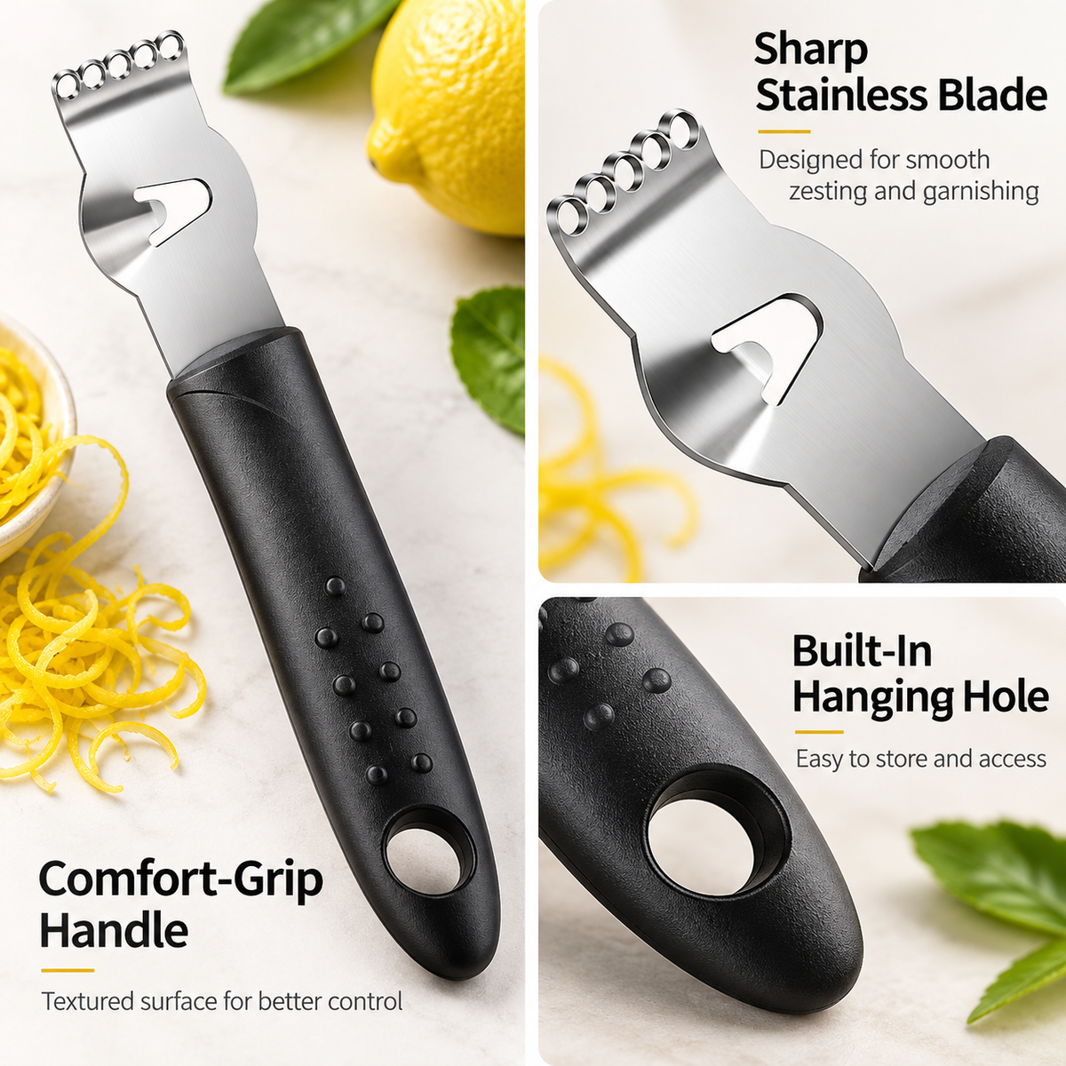 Zester with sharp stainless blade, comfort grip handle and hanging hole
