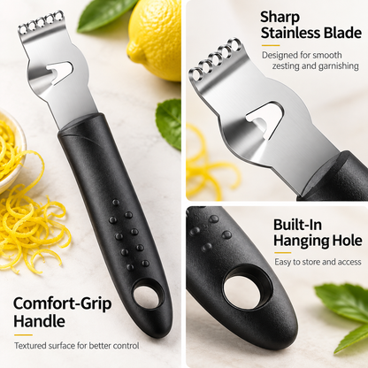 Zester with sharp stainless blade, comfort grip handle and hanging hole