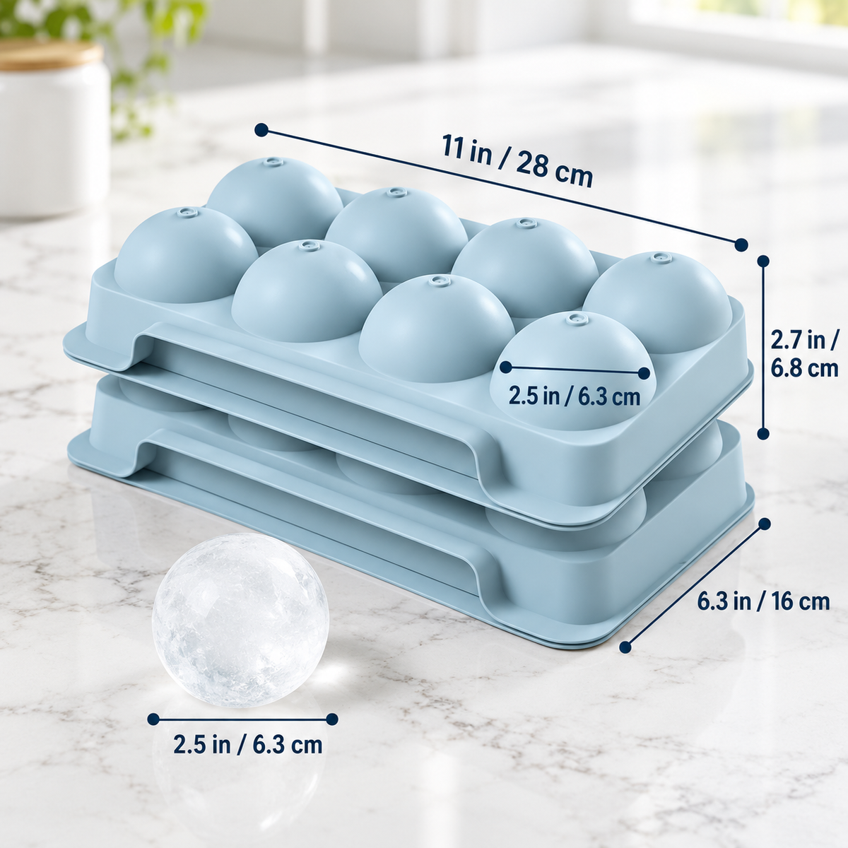 Ice ball mold tray dimensions, 11 x 6.3 x 2.7 in, 2.5 in spheres