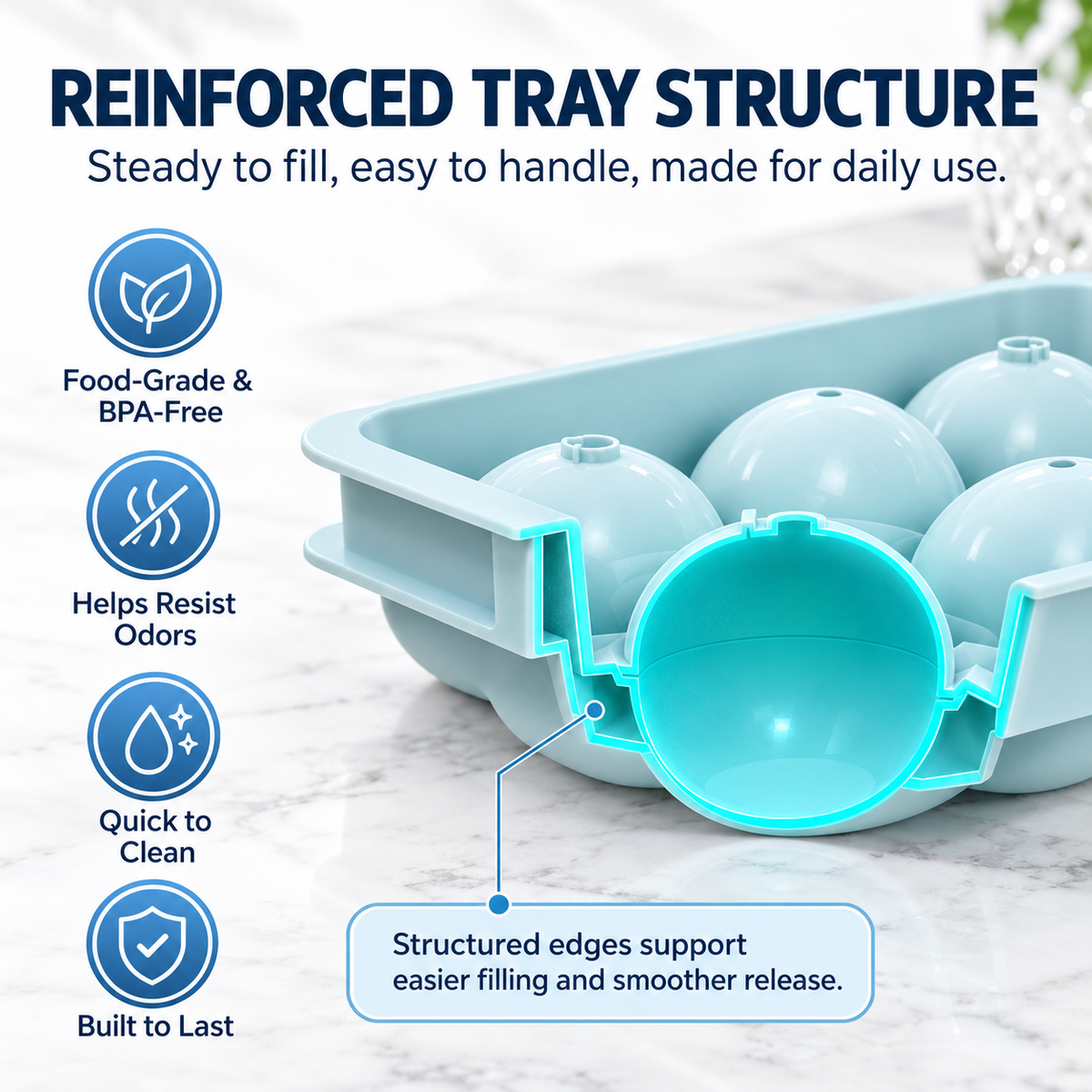 Reinforced food-grade BPA-free ice ball tray structure