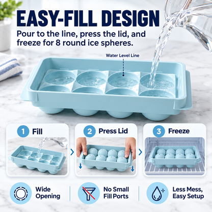 Easy fill ice ball tray: fill, press the lid, freeze 8 round spheres
