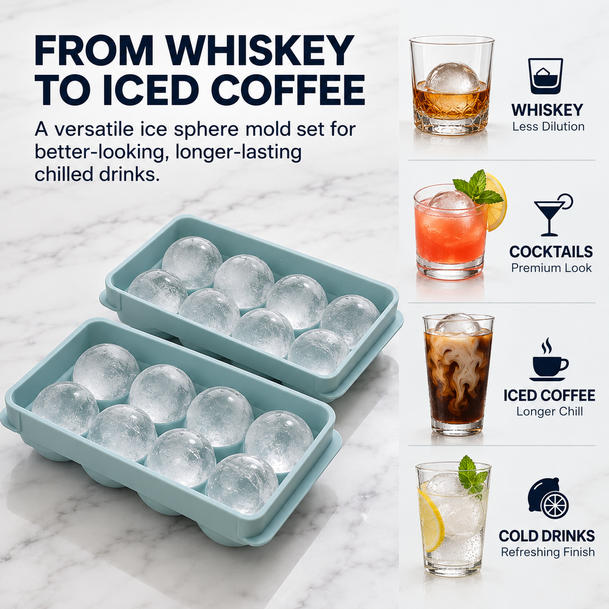 Ice spheres for whiskey, cocktails, iced coffee and cold drinks