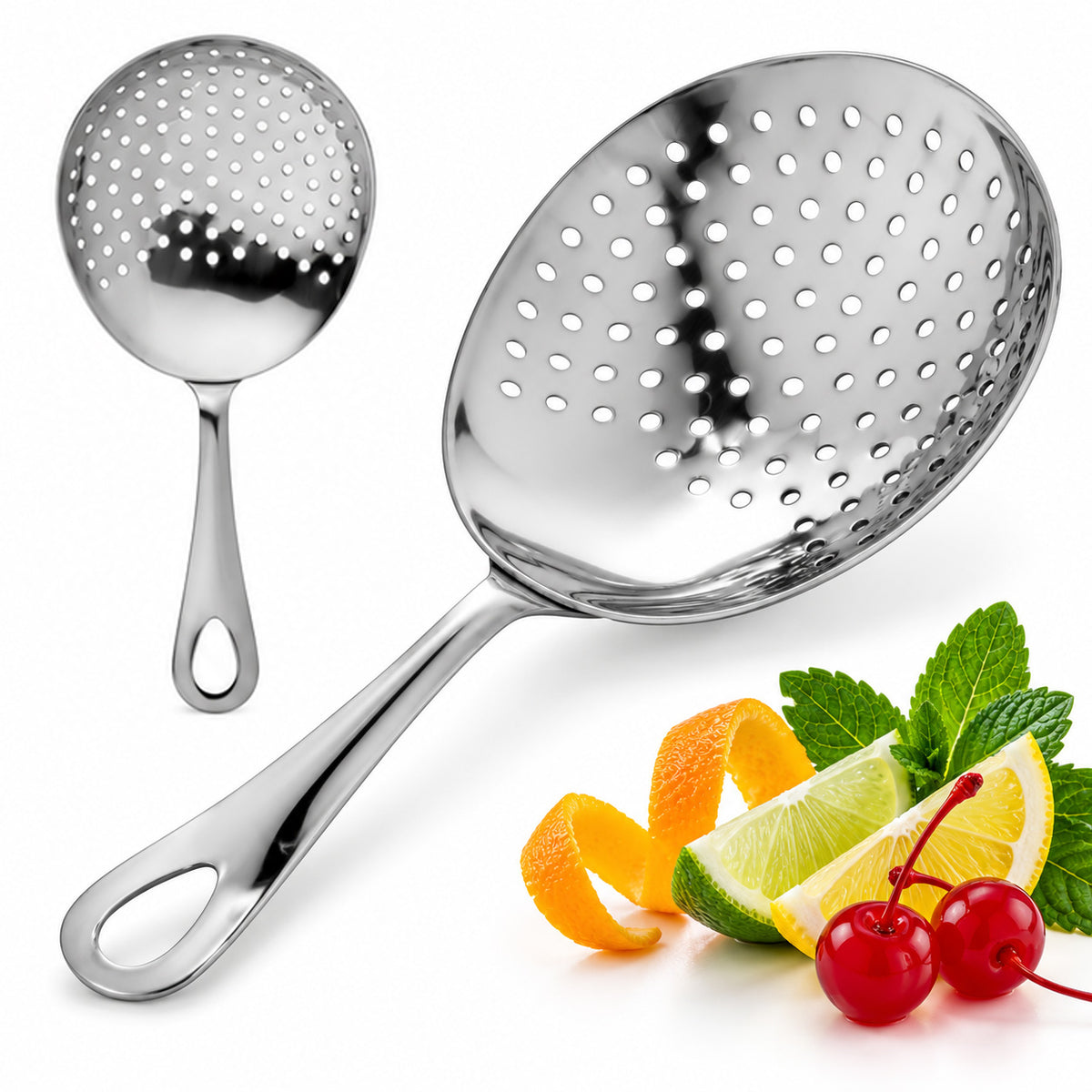 Stainless steel julep strainer with orange peel, lime, mint and cherries