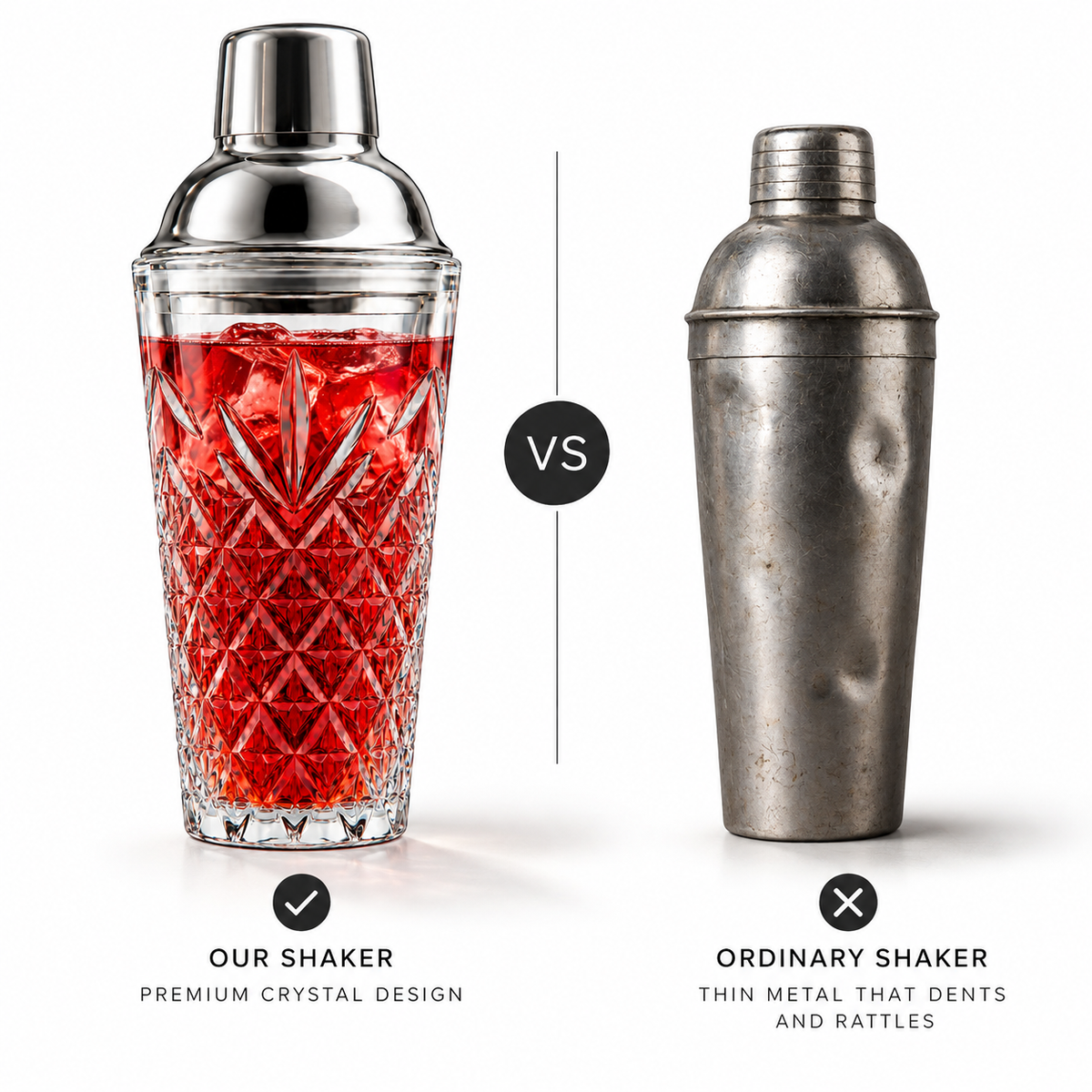 Deep cut crystal shaker compared with an ordinary metal shaker
