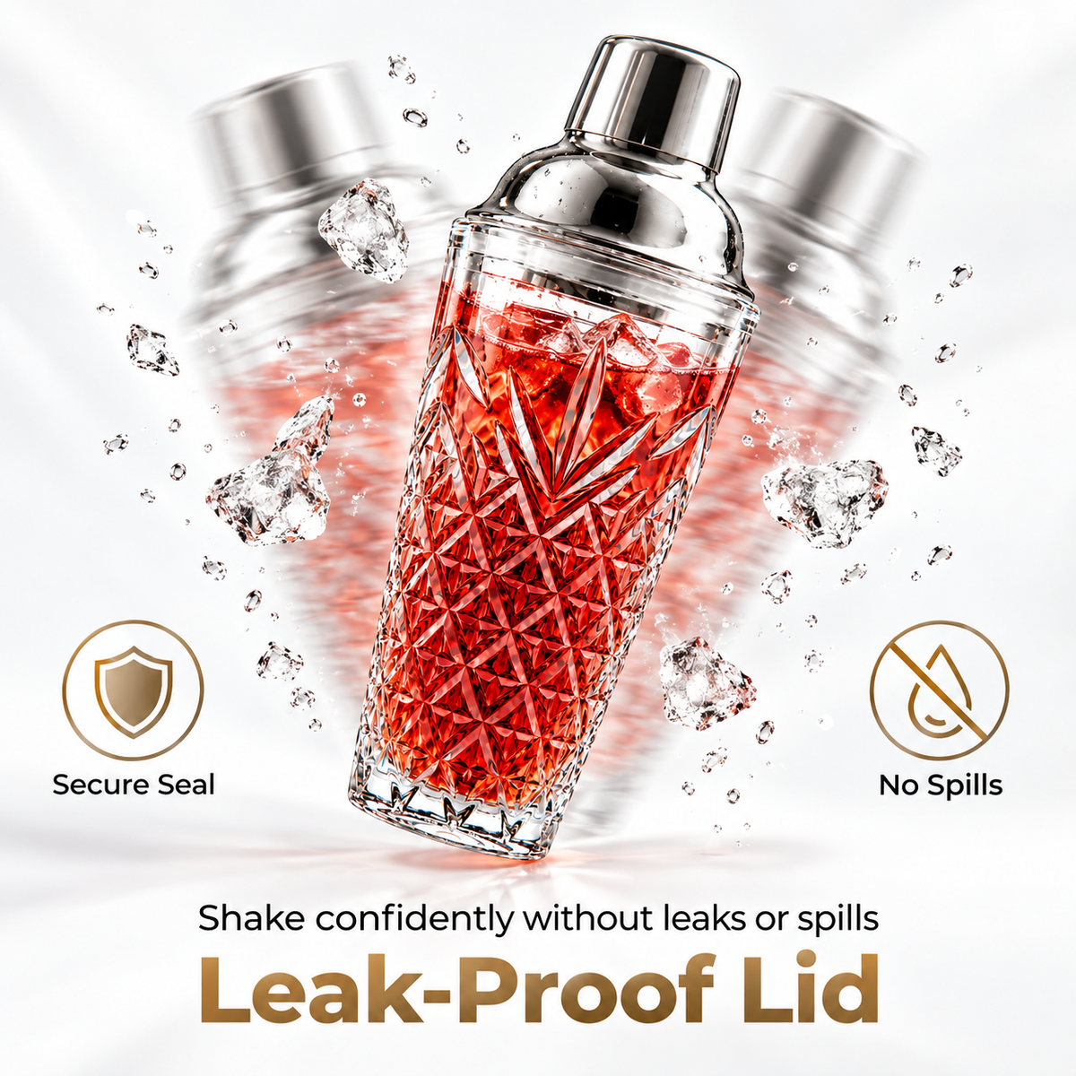 Shaking the crystal shaker with ice, leak-proof lid with secure seal