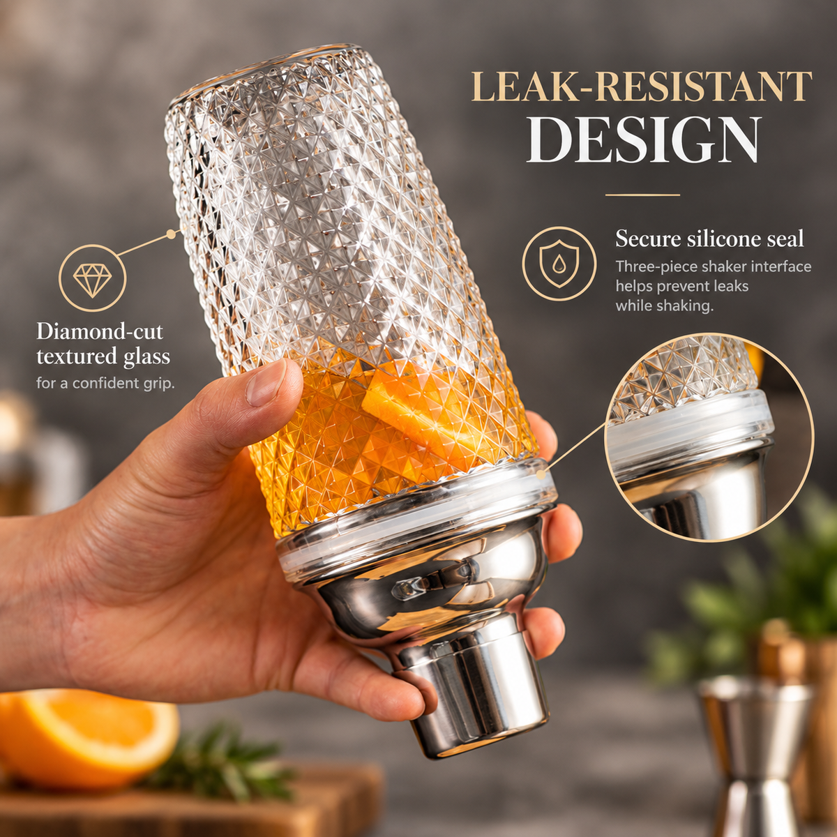 Hand holding the diamond cut glass shaker, three piece leak-resistant design
