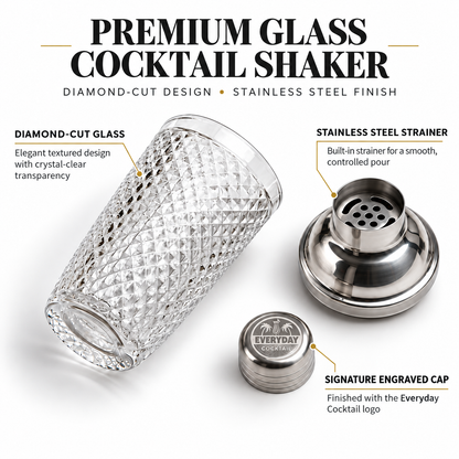 Premium glass cocktail shaker parts: diamond cut glass, stainless steel strainer, engraved Everyday Cocktail cap