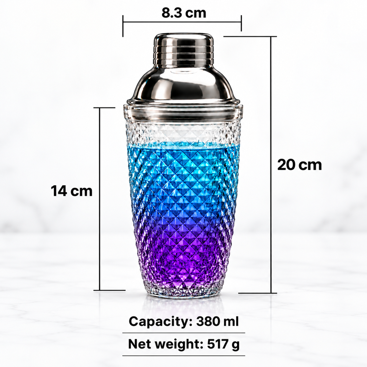 Glass shaker dimensions: 20 cm tall, 8.3 cm wide, 380 ml capacity, 517 g