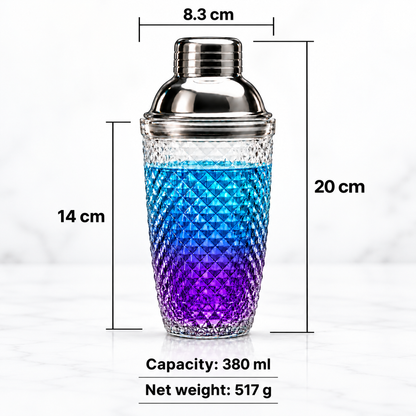 Glass shaker dimensions: 20 cm tall, 8.3 cm wide, 380 ml capacity, 517 g