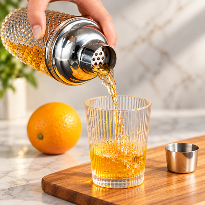Pouring a cocktail through the built-in strainer of the glass shaker