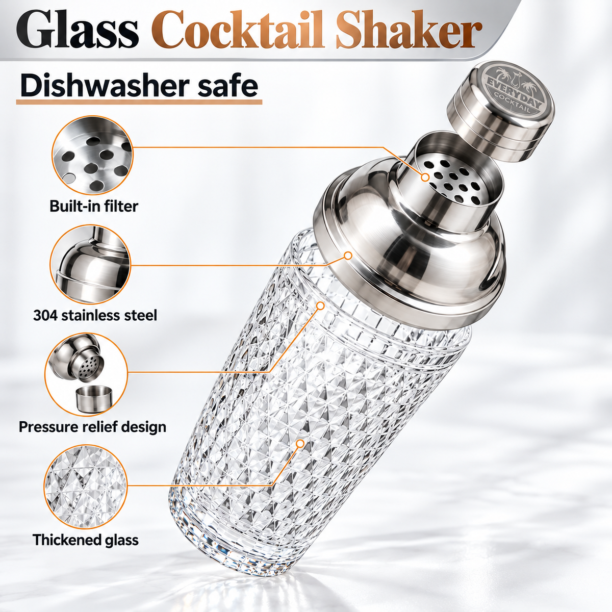 Glass cocktail shaker, dishwasher safe, built-in filter, 304 stainless steel, thickened glass