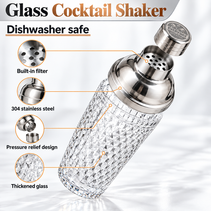 Glass cocktail shaker, dishwasher safe, built-in filter, 304 stainless steel, thickened glass