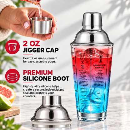 Cocktail Shaker 14 oz Glass with Built-In Recipes and oz/ml Measurements, Everyday Cocktail