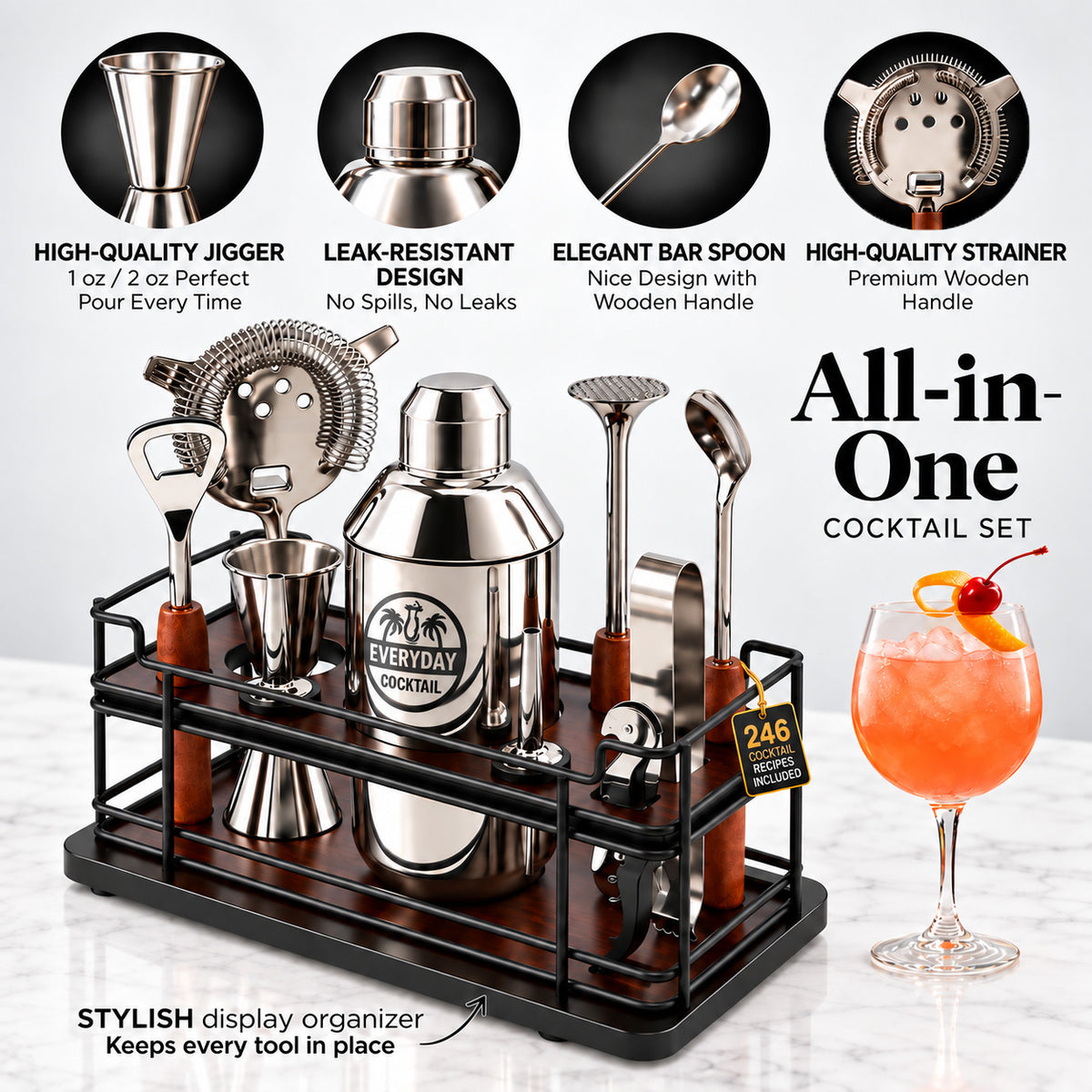 Bartender Kit 10 Piece Cocktail Shaker Set with Wooden Stand, Bar Tools Gift Set, Everyday Cocktail