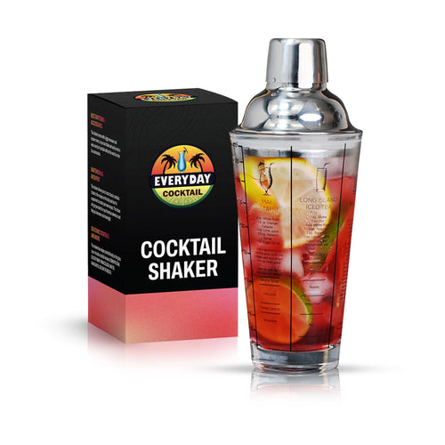 Glass Cocktail Shaker 14 oz with Built-in Recipes & oz/ml Measurements