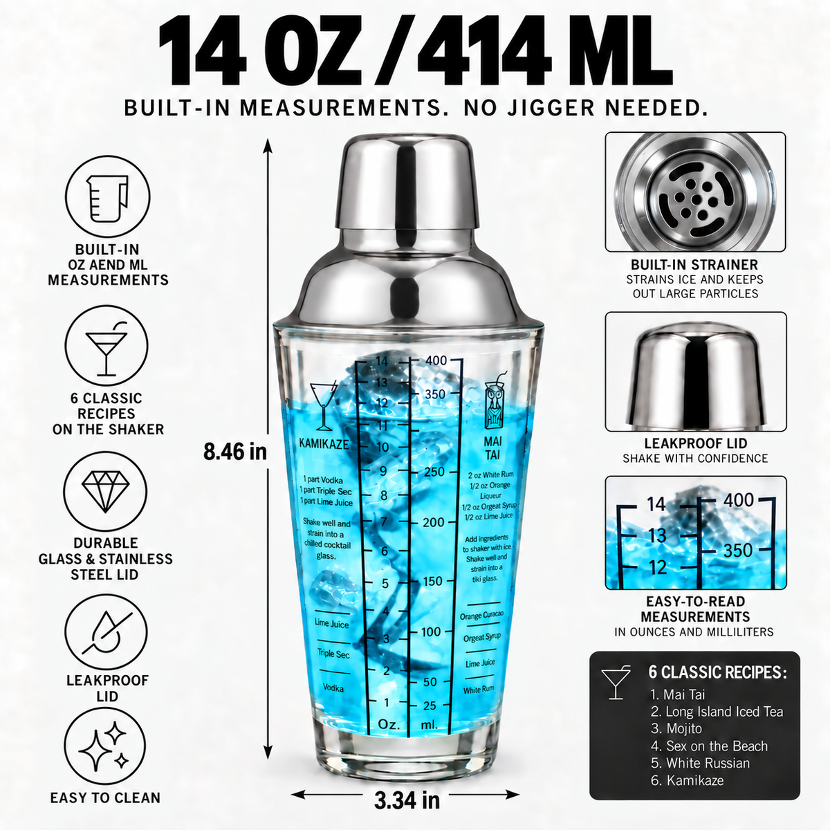 Cocktail Shaker 14 oz Glass with Built-In Recipes and oz/ml Measurements, Everyday Cocktail