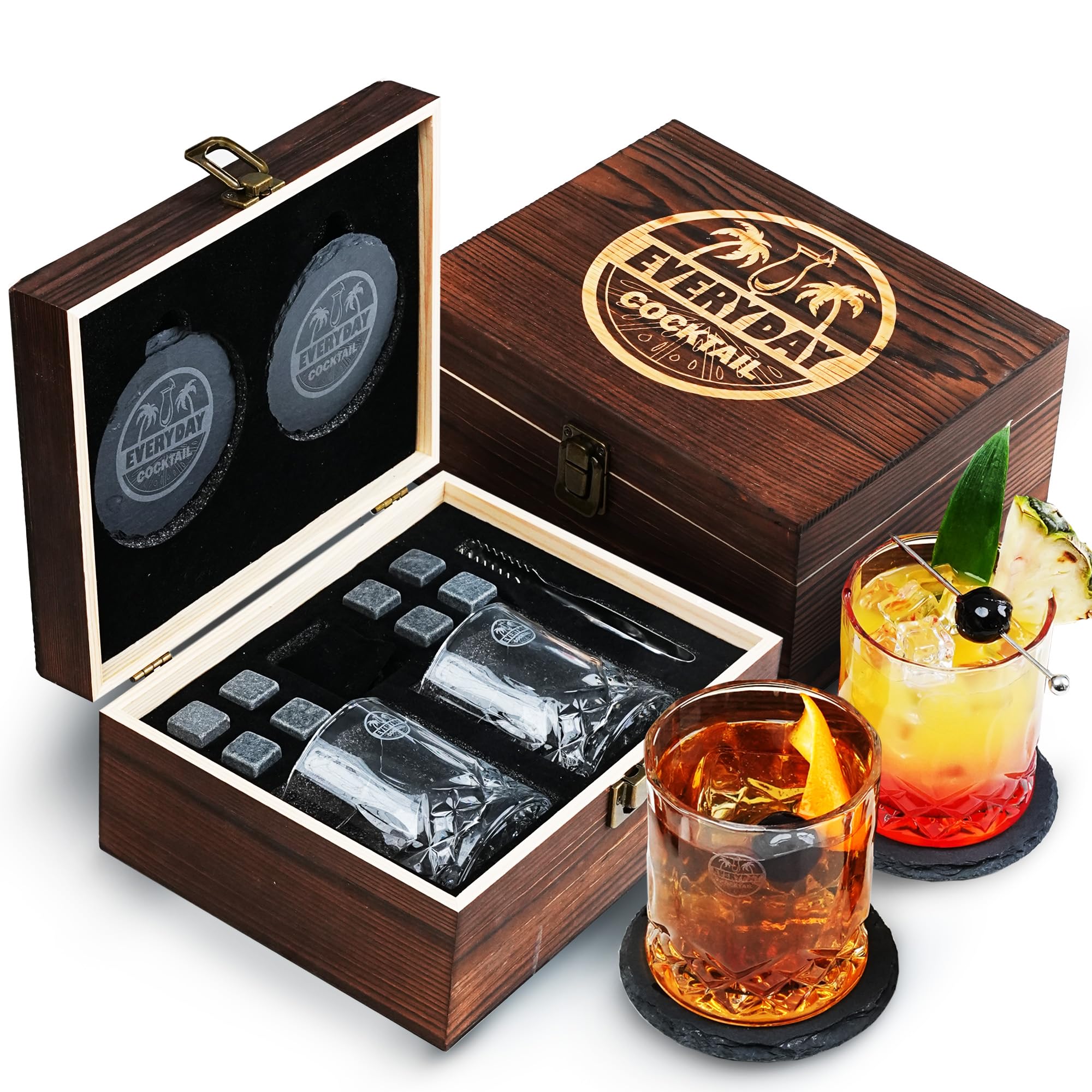 Whiskey Glass Set – 2 Rocks Glasses with Chilling Stones & Coasters in Elegant Wooden Box