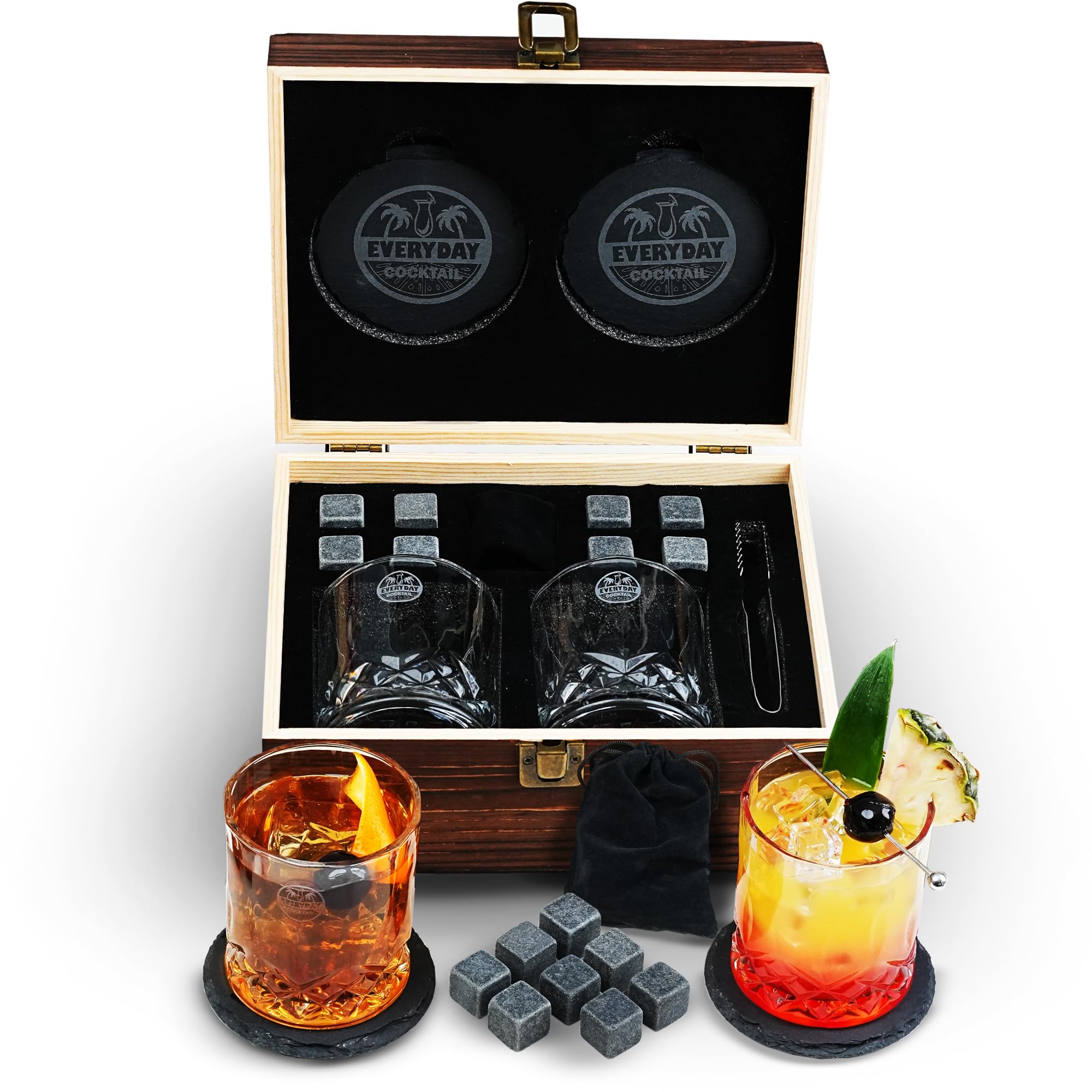 Whiskey Glass Set – 2 Rocks Glasses with Chilling Stones & Coasters in Elegant Wooden Box