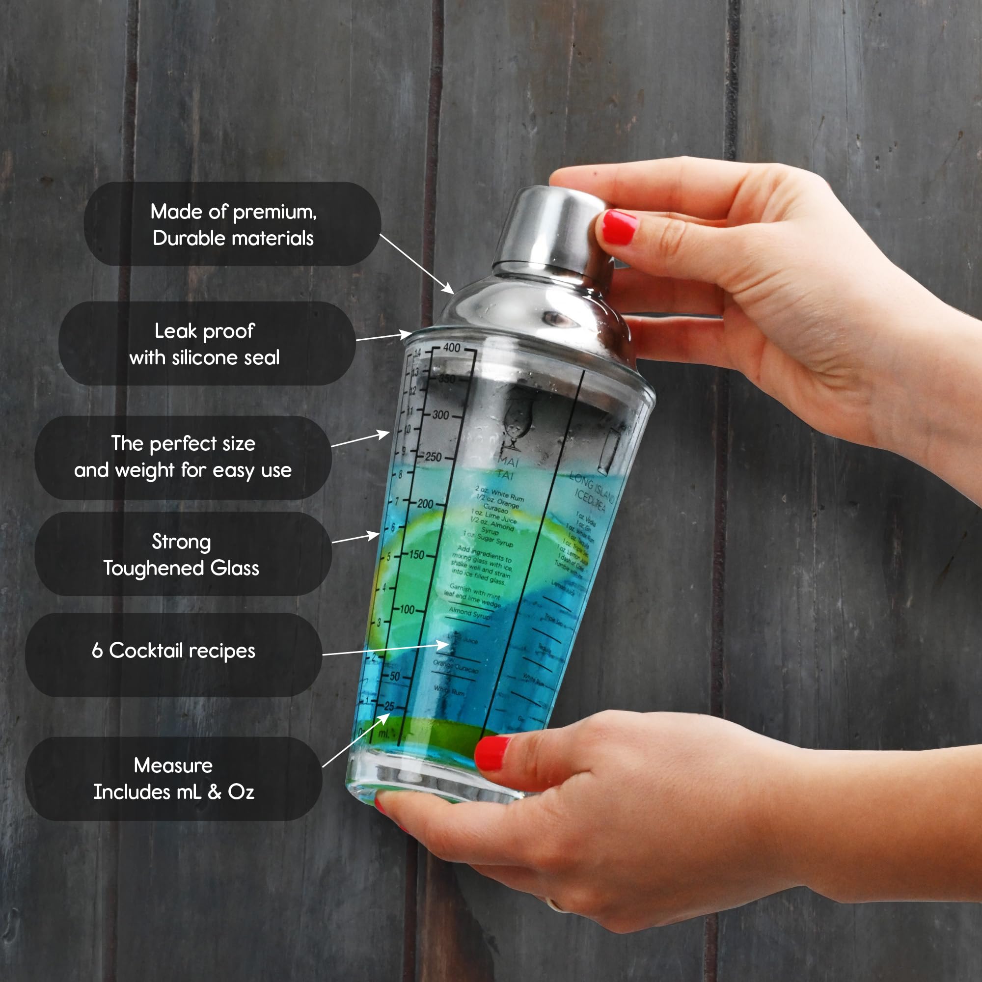 Glass Cocktail Shaker 14 oz – Built-in Recipes & oz/ml Measurements