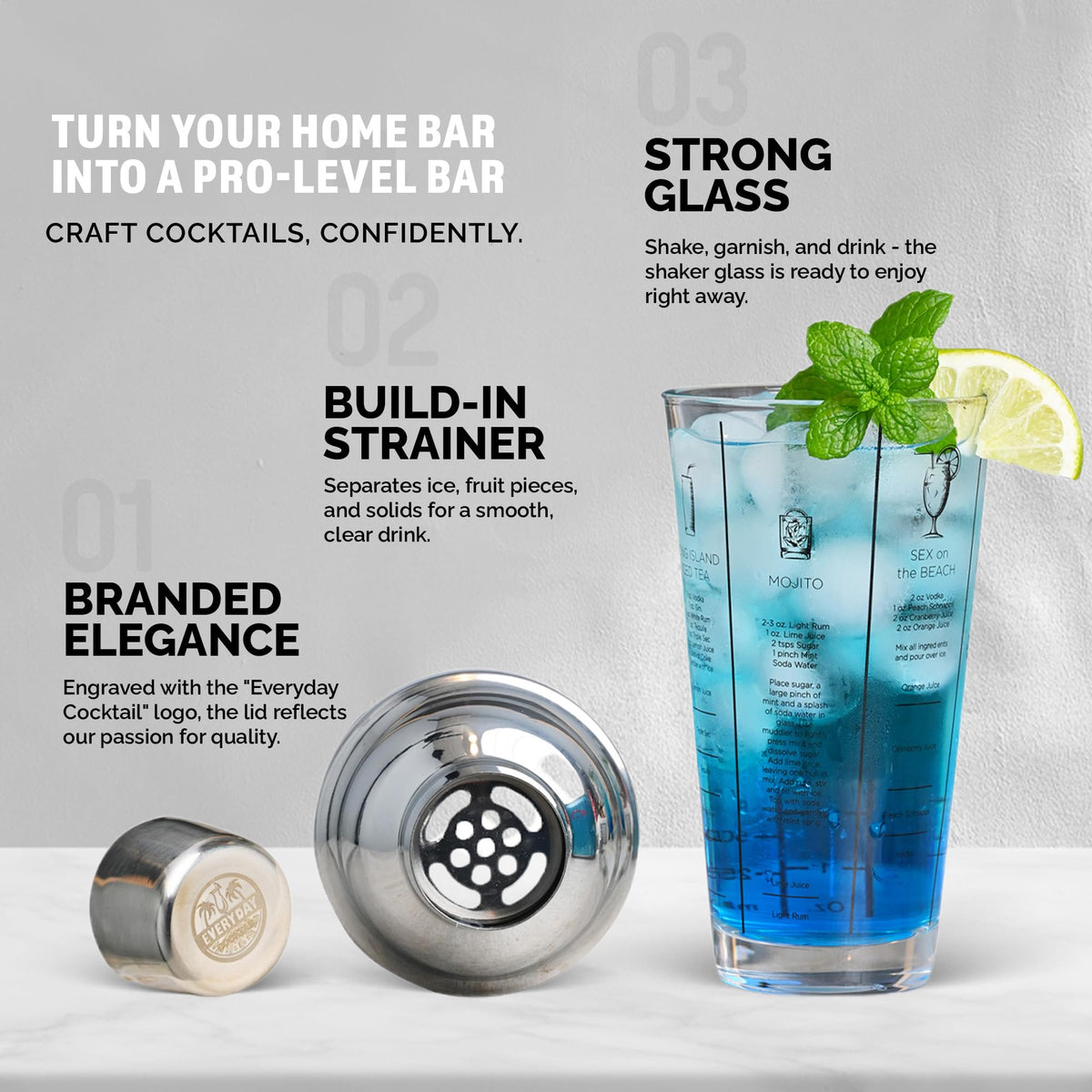 Glass Cocktail Shaker 14 oz – Built-in Recipes & oz/ml Measurements - Everyday Cocktail