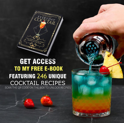 Close up of the cocktail recipes printed on the side of the glass shaker