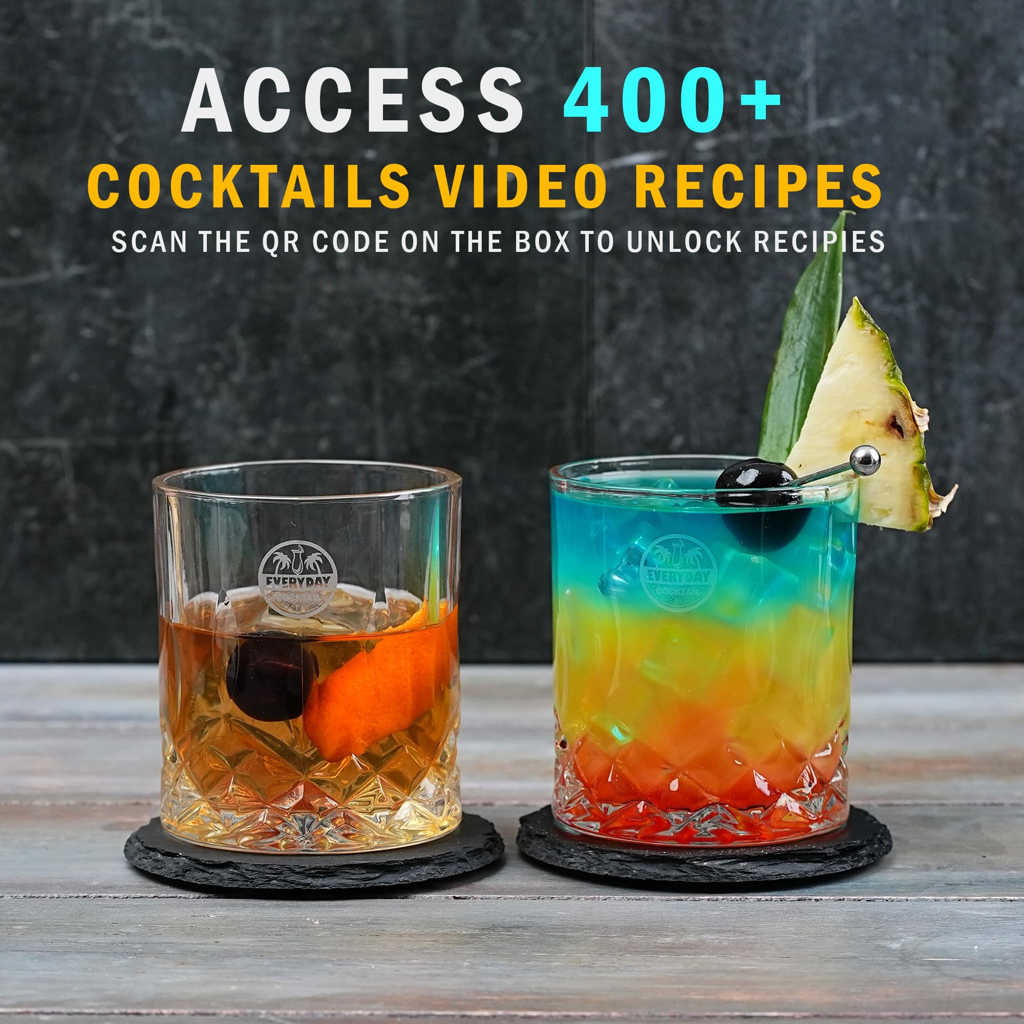 Whiskey Glass Set – 2 Rocks Glasses with Chilling Stones & Coasters in Elegant Wooden Box