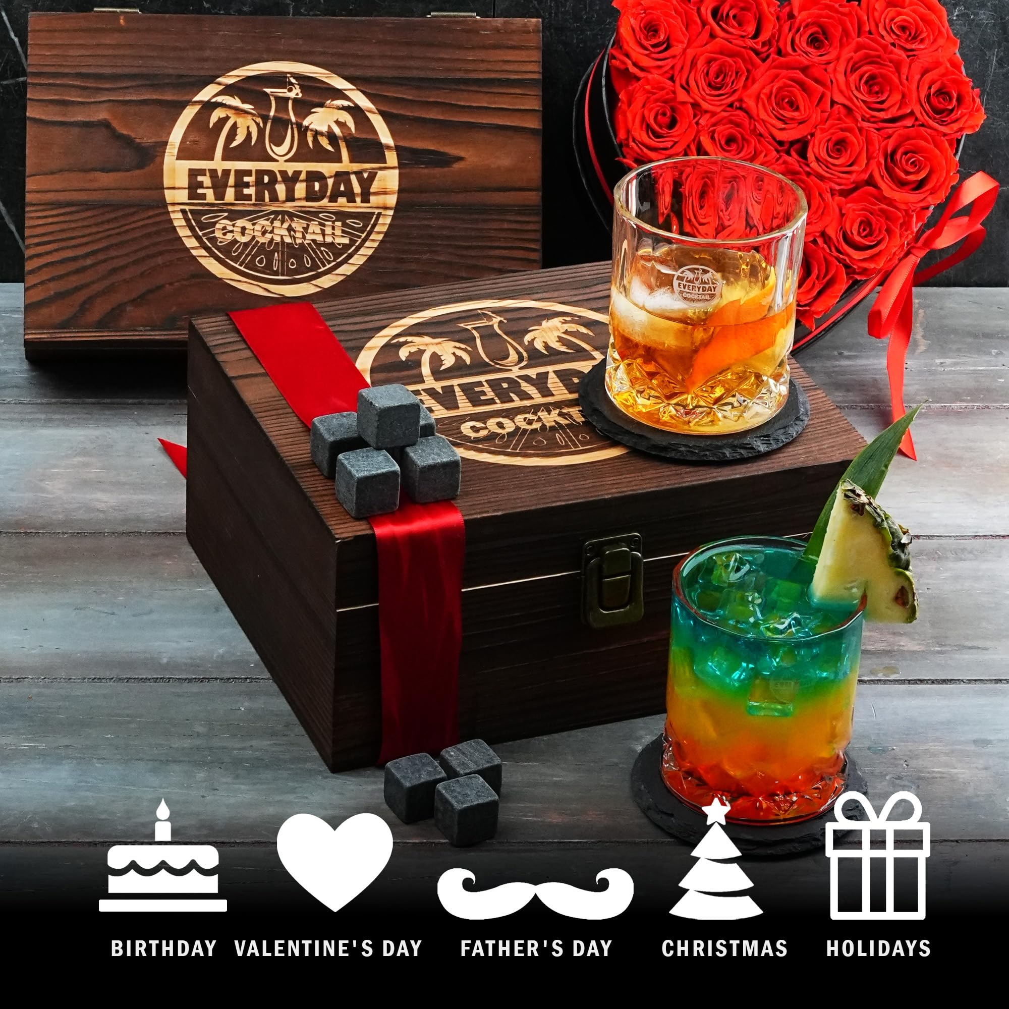 Whiskey Glass Set – 2 Rocks Glasses with Chilling Stones & Coasters in Elegant Wooden Box