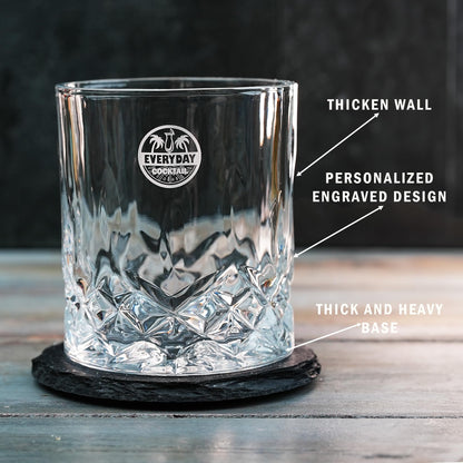 Whiskey Glass Set – 2 Rocks Glasses with Chilling Stones & Coasters in Elegant Wooden Box