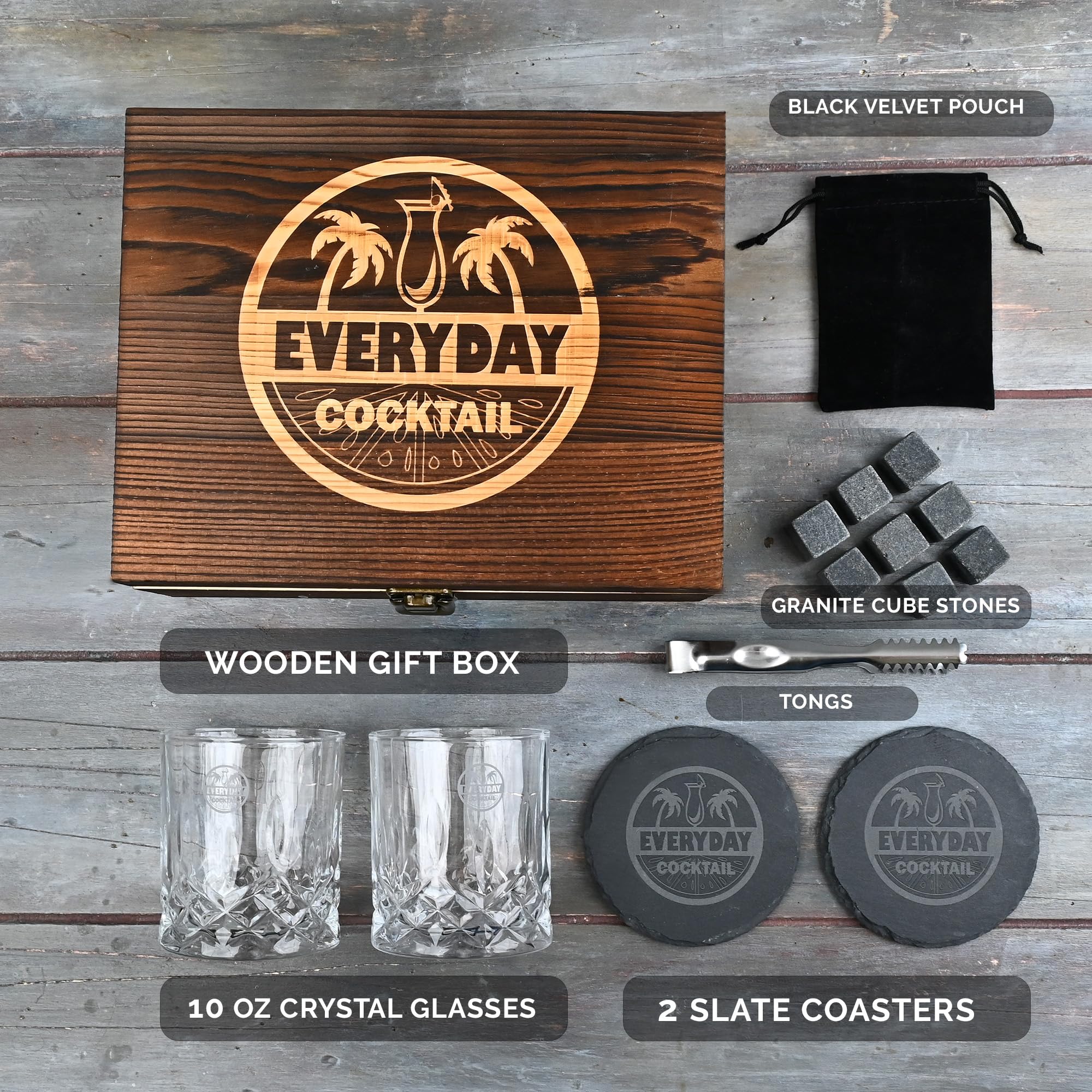 Whiskey Glass Set – 2 Rocks Glasses with Chilling Stones & Coasters in Elegant Wooden Box