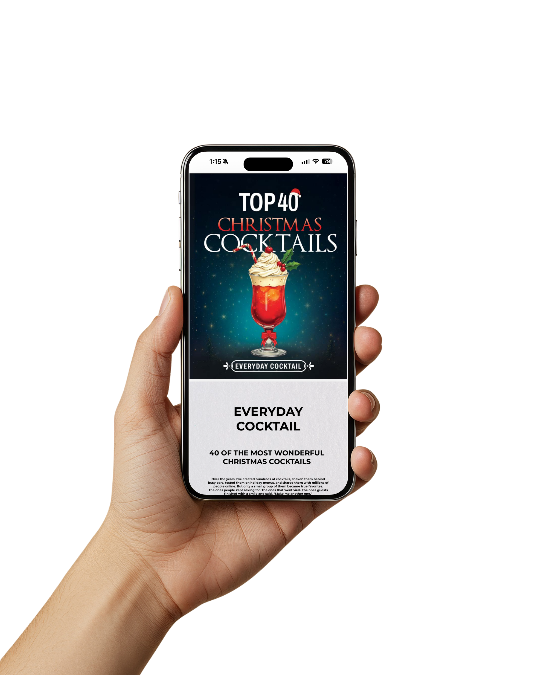 Hand holding a phone showing the Top 40 Christmas Cocktails e-book cover #format_e-book
