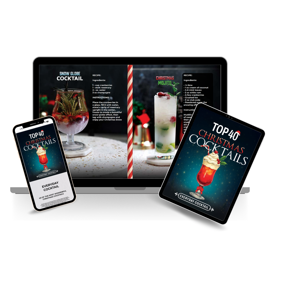 Top 40 Christmas Cocktails e-book open on a laptop, phone and tablet showing recipe pages and the cover #format_e-book