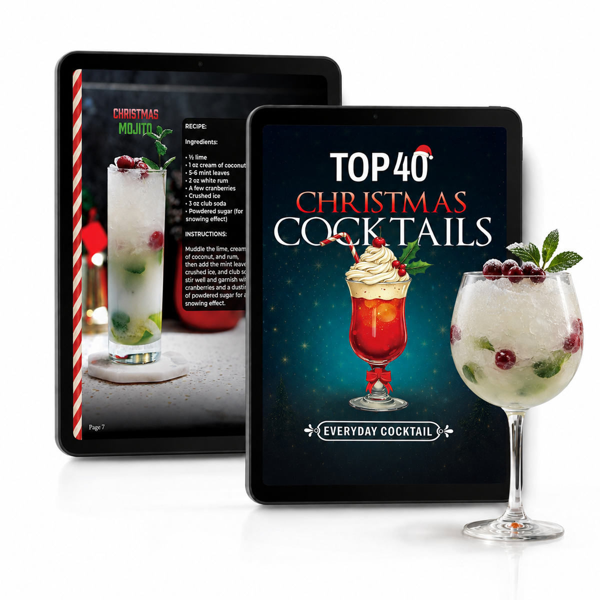 Top 40 Christmas Cocktails e-book cover on a tablet beside the Christmas Mojito recipe page and a cranberry cocktail 