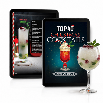 Top 40 Christmas Cocktails e-book cover on a tablet beside the Christmas Mojito recipe page and a cranberry cocktail 