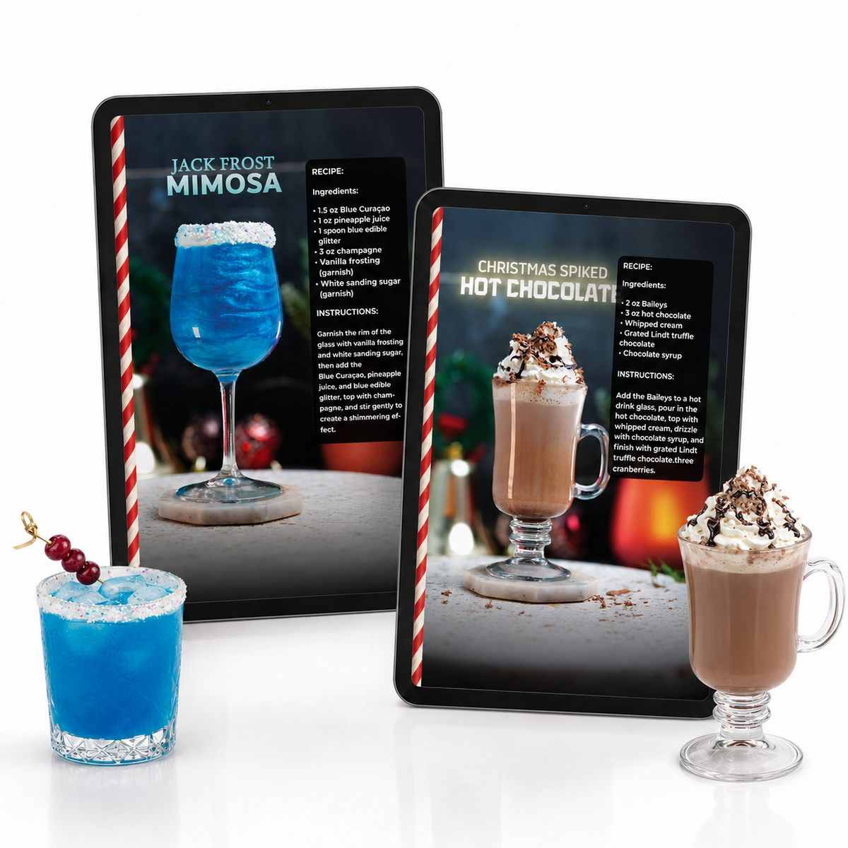 Top 40 Christmas Cocktails e-book on two tablets showing the Jack Frost Mimosa and Christmas Spiked Hot Chocolate recipes 