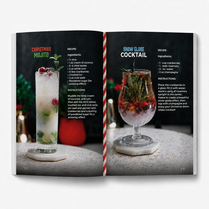 Top 40 Christmas Cocktails book open at a two page spread, Christmas Mojito and Snow Globe Cocktail 