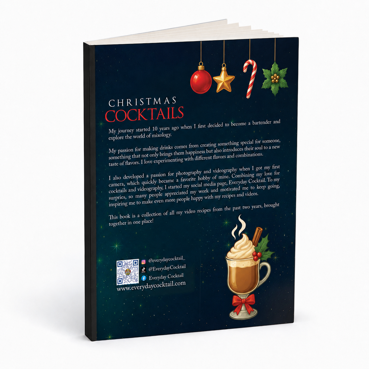 Back cover of the Top 40 Christmas Cocktails paperback with the author introduction 
