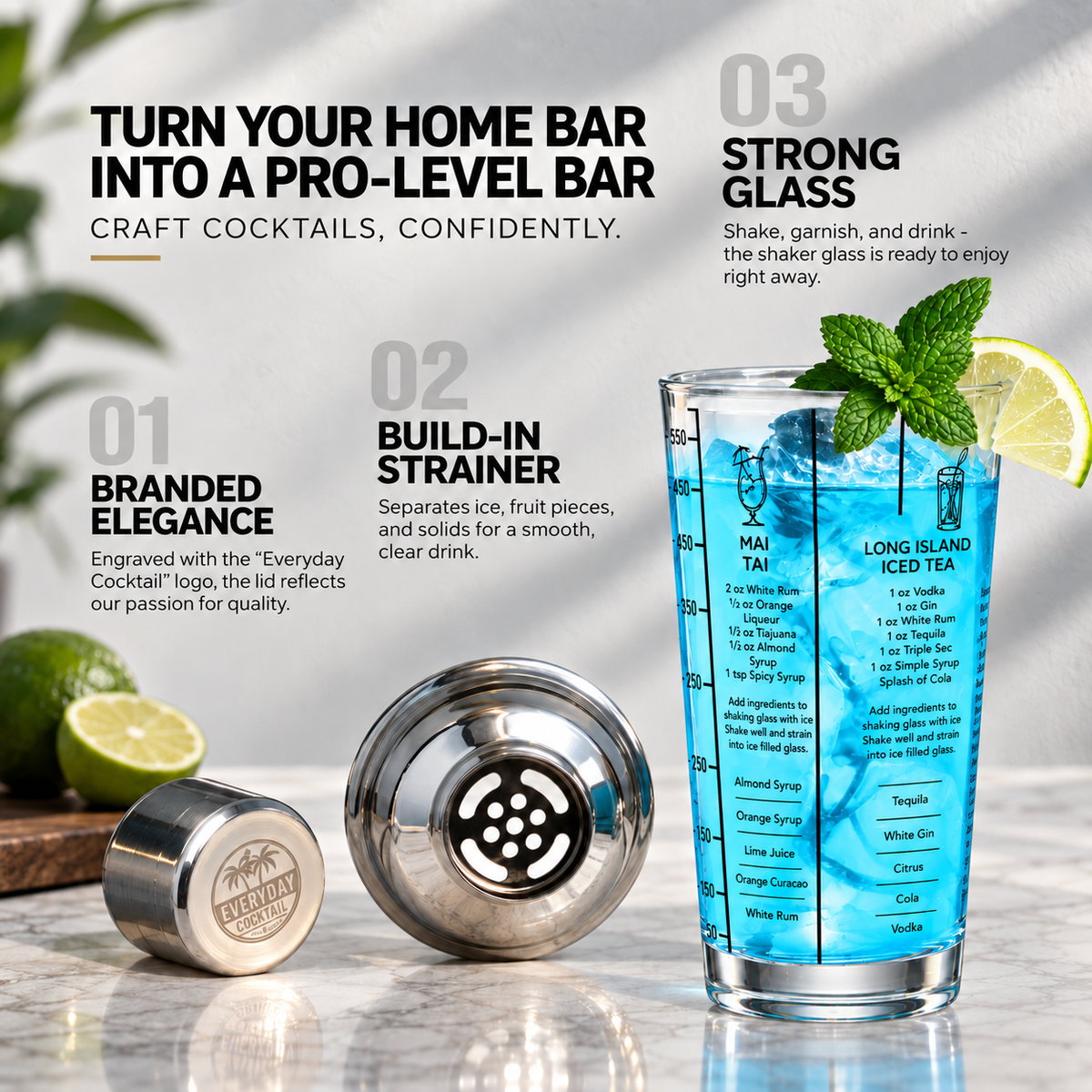 Cocktail Shaker 14 oz Glass with Built-In Recipes and oz/ml Measurements, Everyday Cocktail