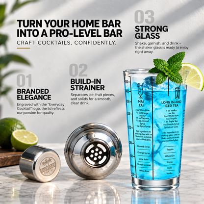 Cocktail Shaker 14 oz Glass with Built-In Recipes and oz/ml Measurements, Everyday Cocktail
