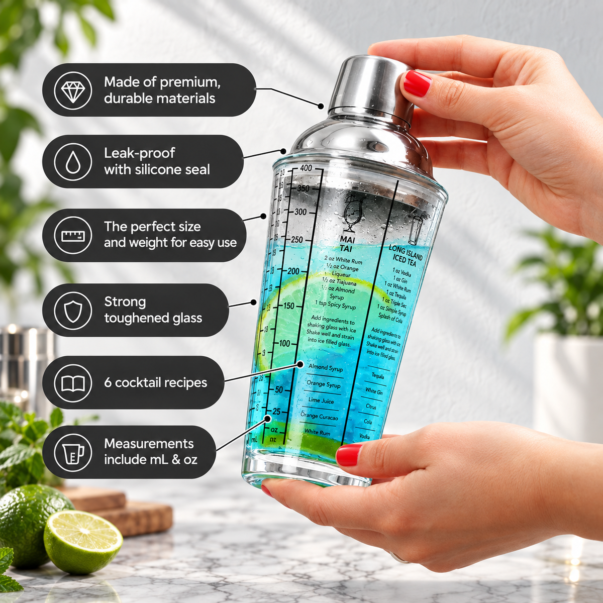 Cocktail Shaker 14 oz Glass with Built-In Recipes and oz/ml Measurements, Everyday Cocktail