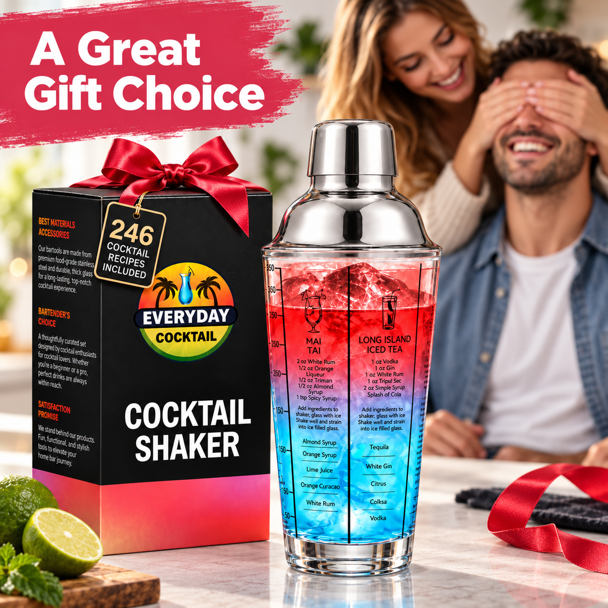Cocktail Shaker 14 oz Glass with Built-In Recipes and oz/ml Measurements, Everyday Cocktail