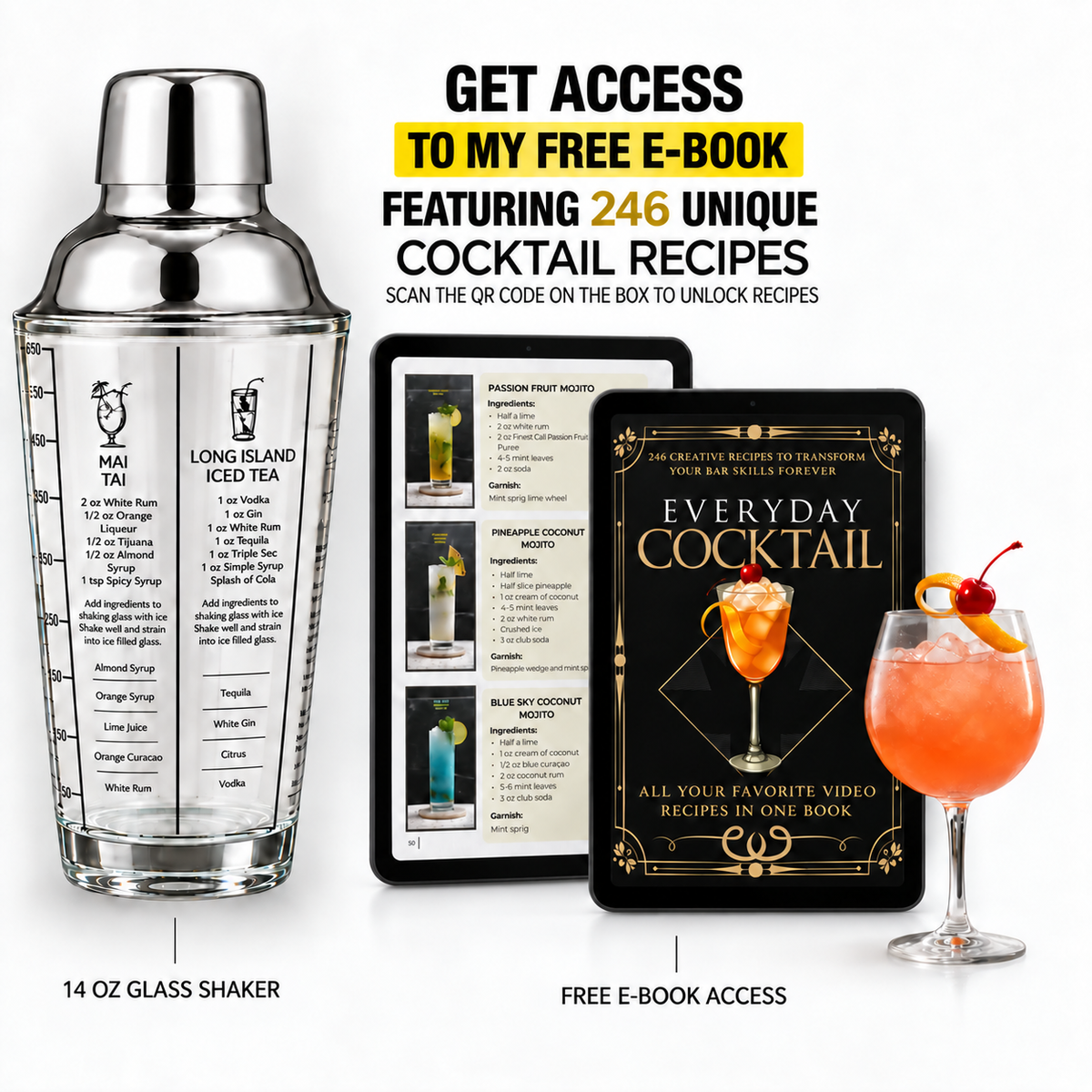 Cocktail Shaker 14 oz Glass with Built-In Recipes and oz/ml Measurements, Everyday Cocktail