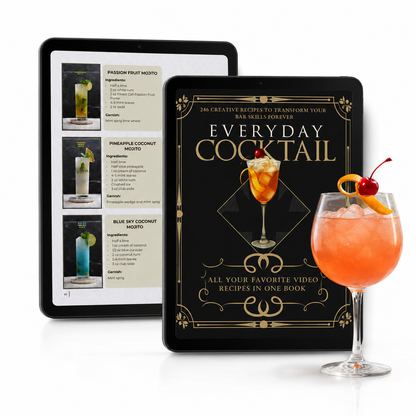 246 Viral Cocktail Recipes e-book cover on a tablet, beside a tablet showing mojito recipes 