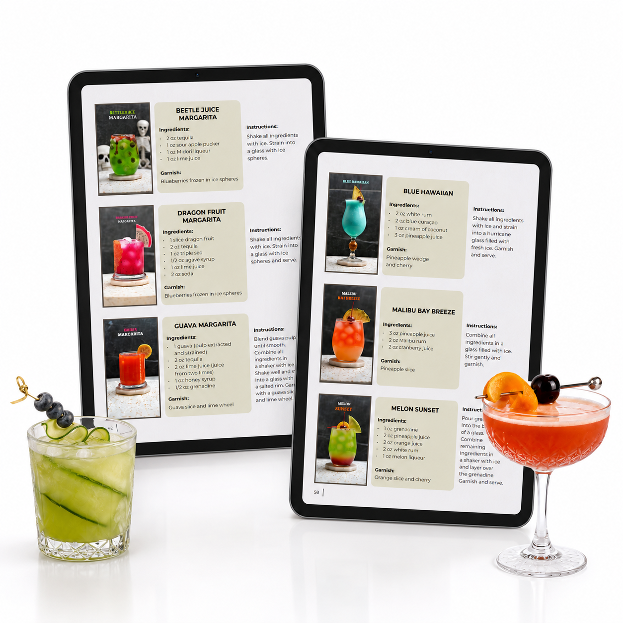 246 Viral Cocktail Recipes e-book on two tablets, showing margarita and mojito recipe pages 
