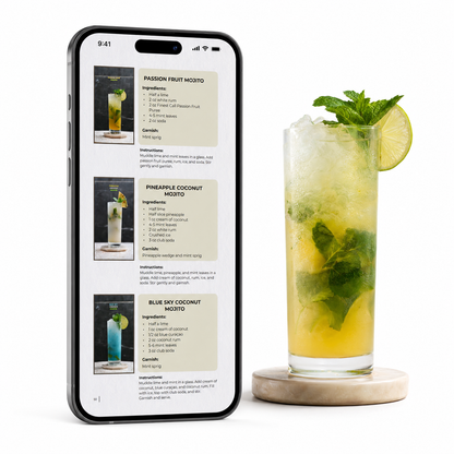 246 Viral Cocktail Recipes e-book on a phone, showing three mojito recipes next to a finished drink 