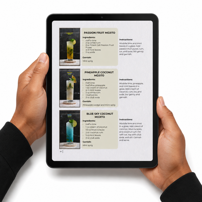 Reading the 246 Viral Cocktail Recipes e-book on a tablet, ingredients and instructions side by side 