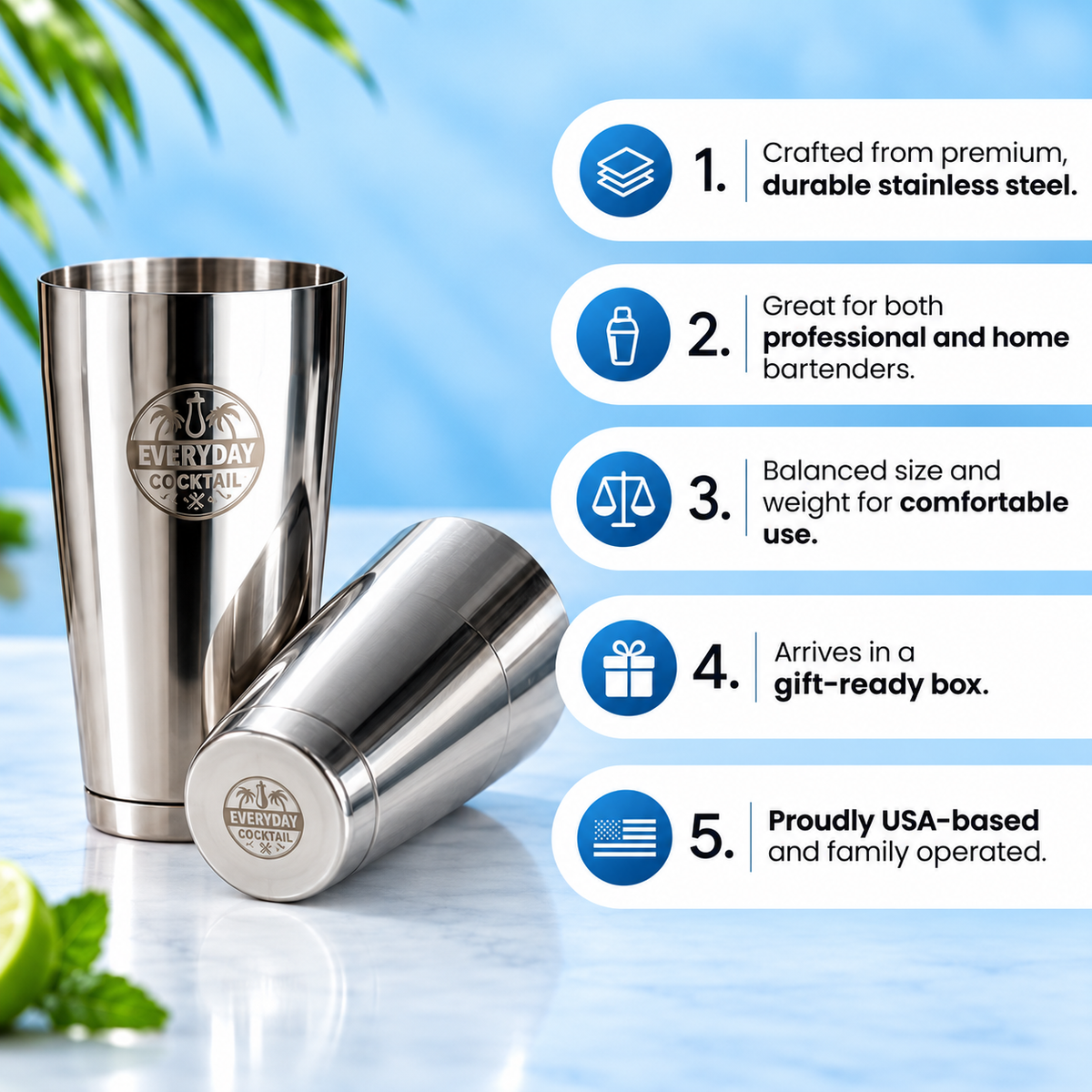 Five features of the Everyday Cocktail Boston shaker including gift ready box