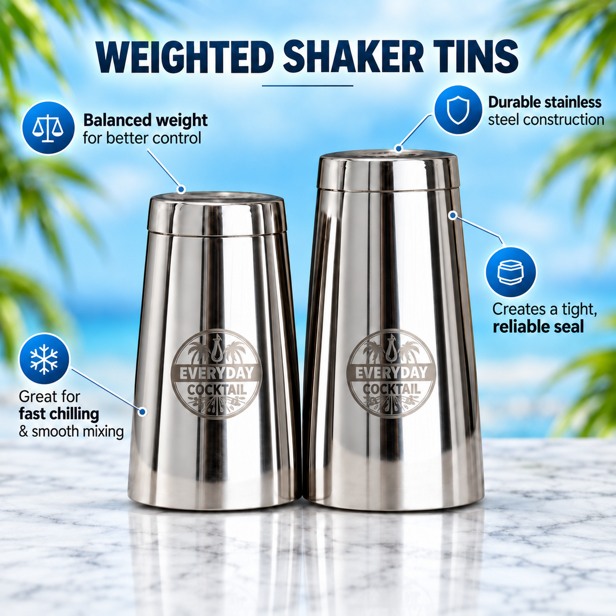 Weighted stainless steel Boston shaker tins with balanced weight and tight seal