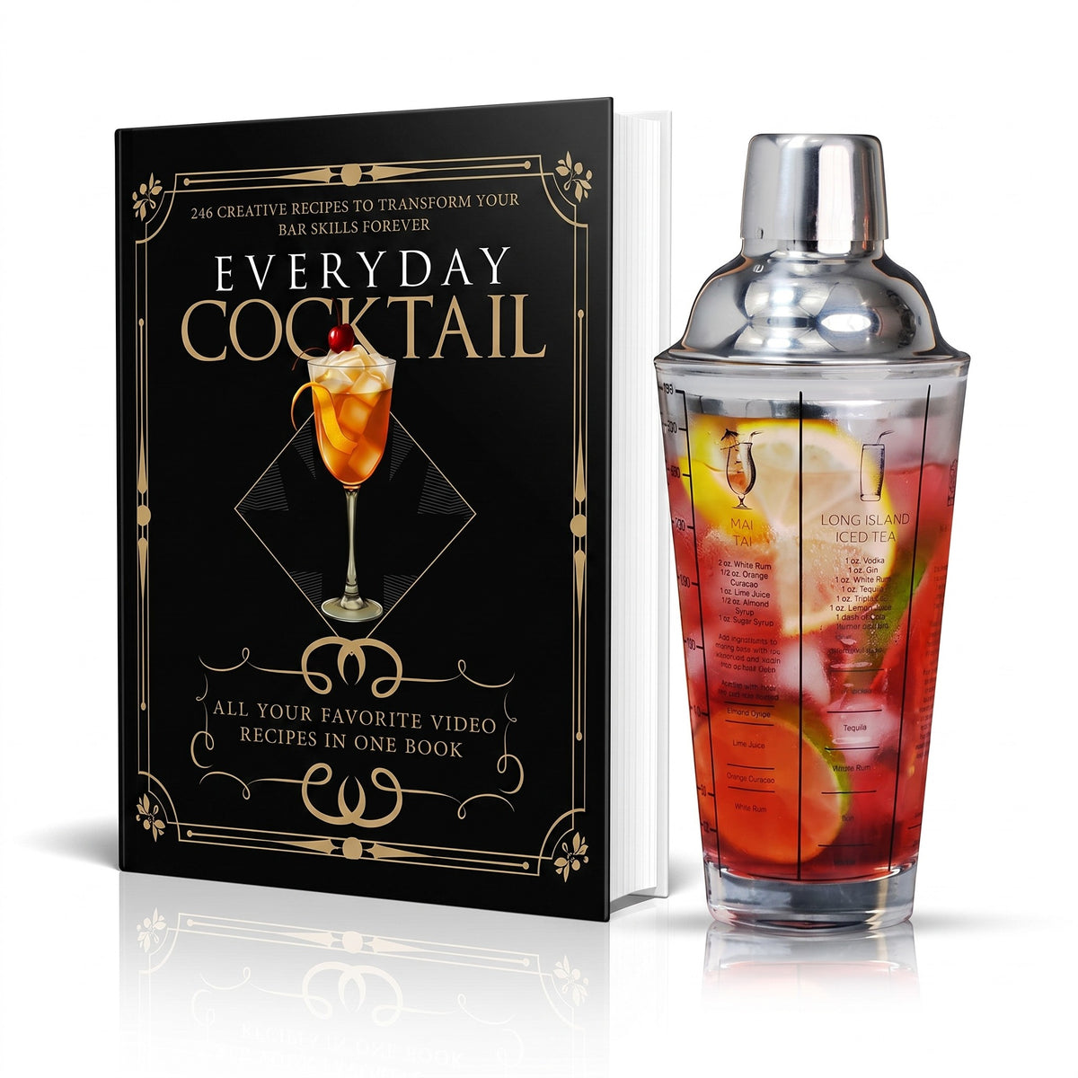 The 246 Viral Cocktail Recipes paperback standing beside the 14 oz glass cocktail shaker