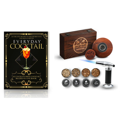 Whiskey smoker gift box with the 246-recipe cocktail book, wooden case, rosewood smoking top, torch and four tins of wood chips